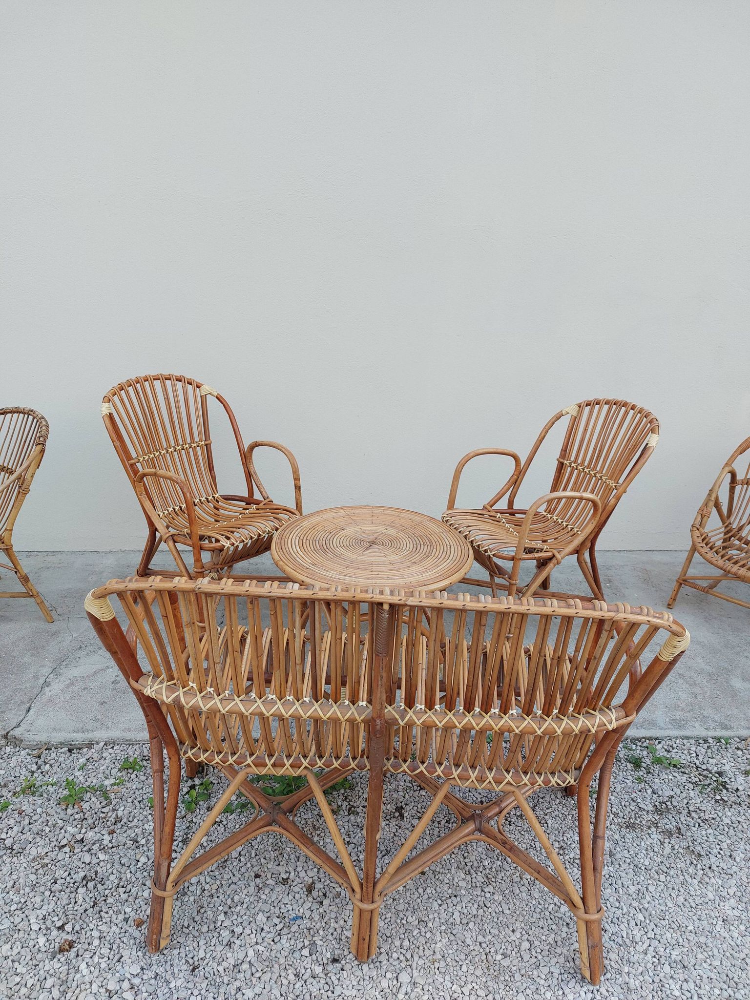 Set bench table and two armchairs in rattan 1950 vintage