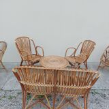 Set bench table and two armchairs in rattan 1950 vintage