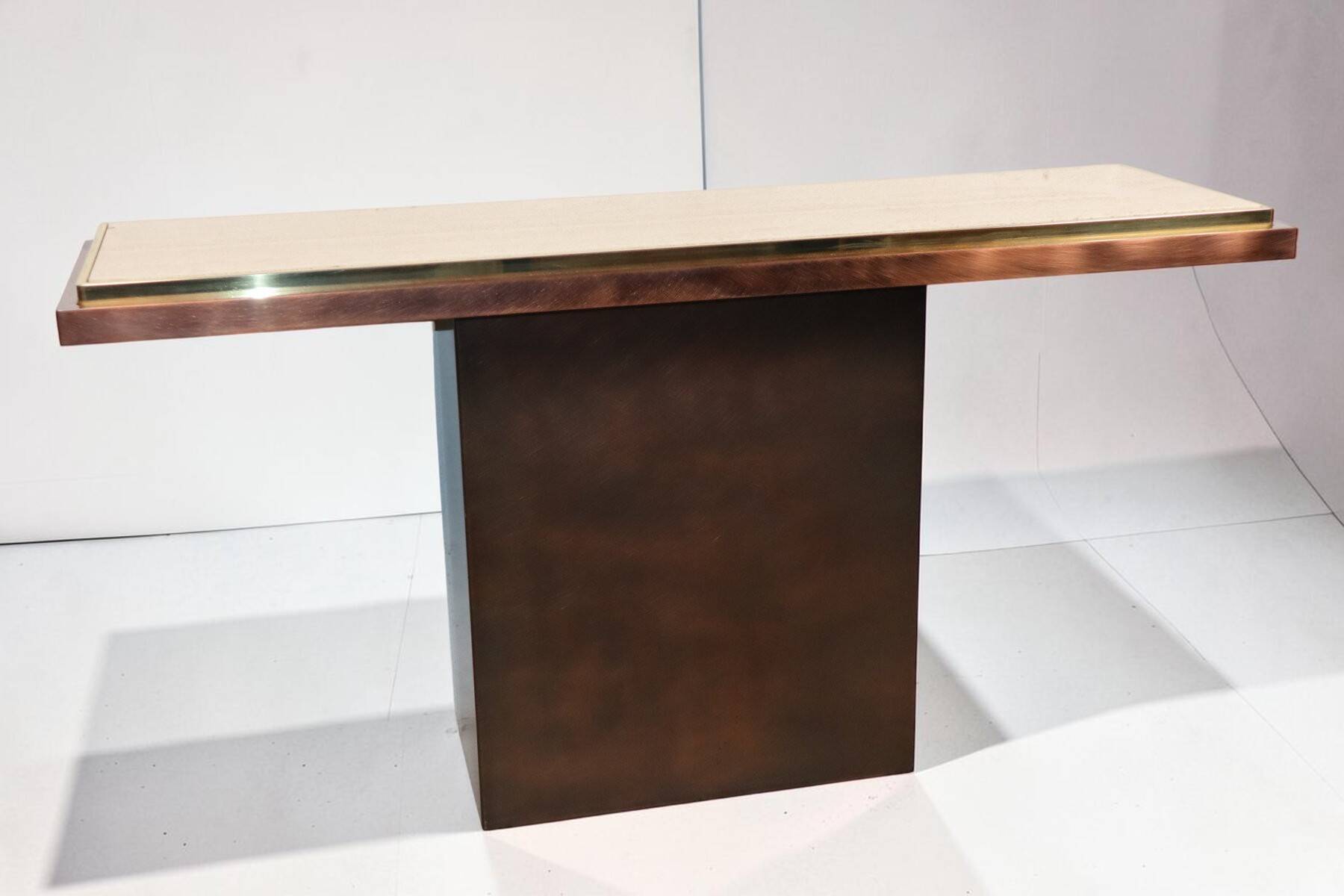 Minimalist console in travertine and patinated metal — 1970s