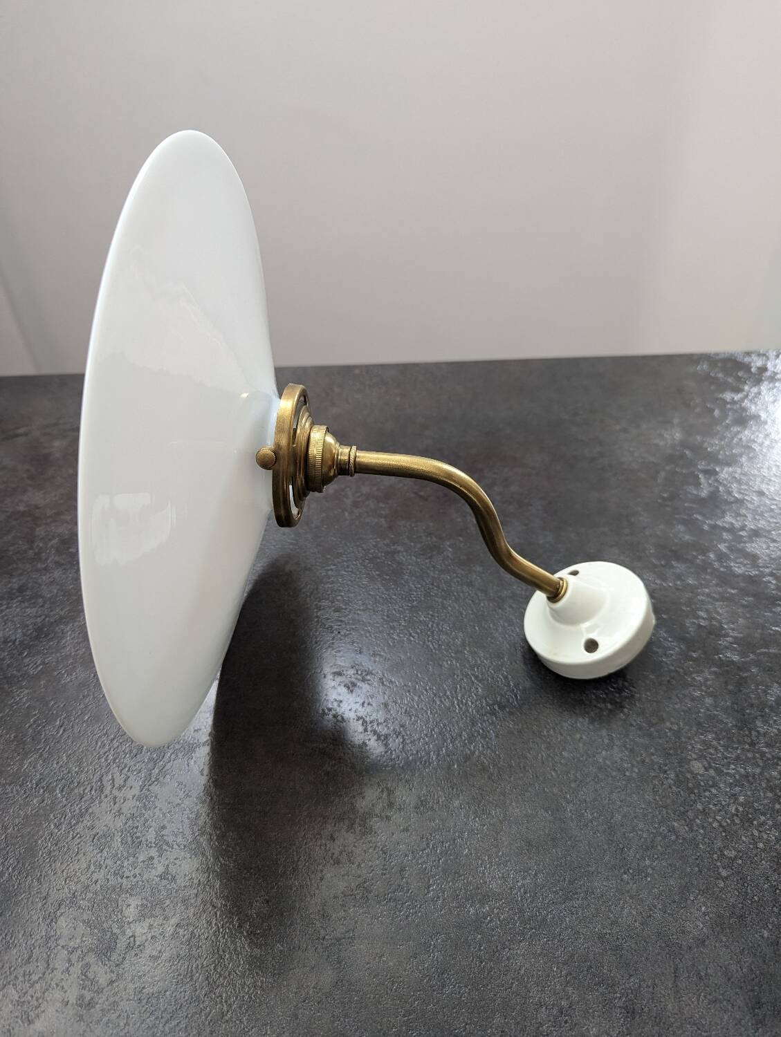 Antique smooth white opaline wall light with brass swan neck porcelain art deco 1930 diameter 25.9cm