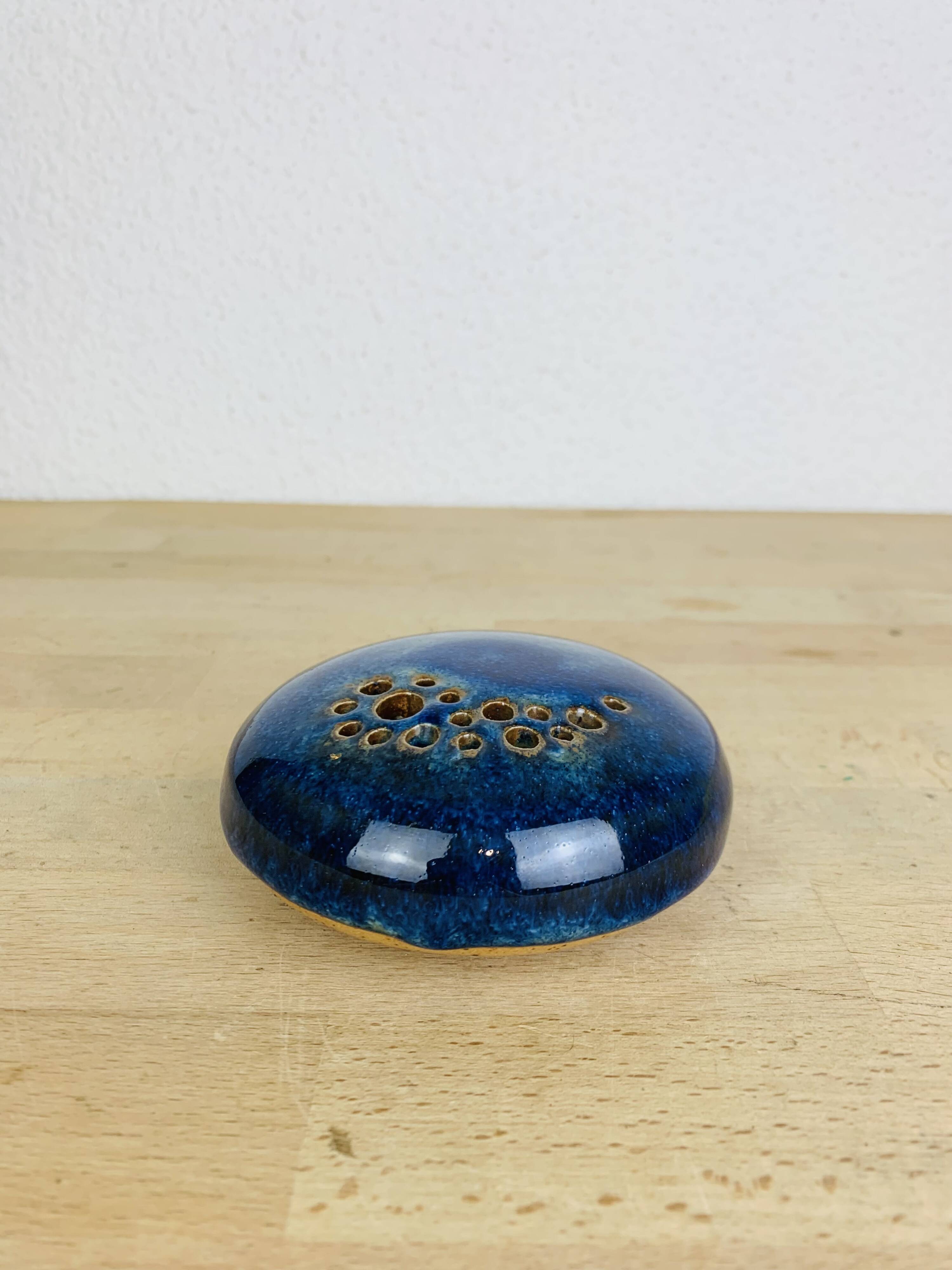 Blue ceramic flower spike ball vase, 7 soleils workshop