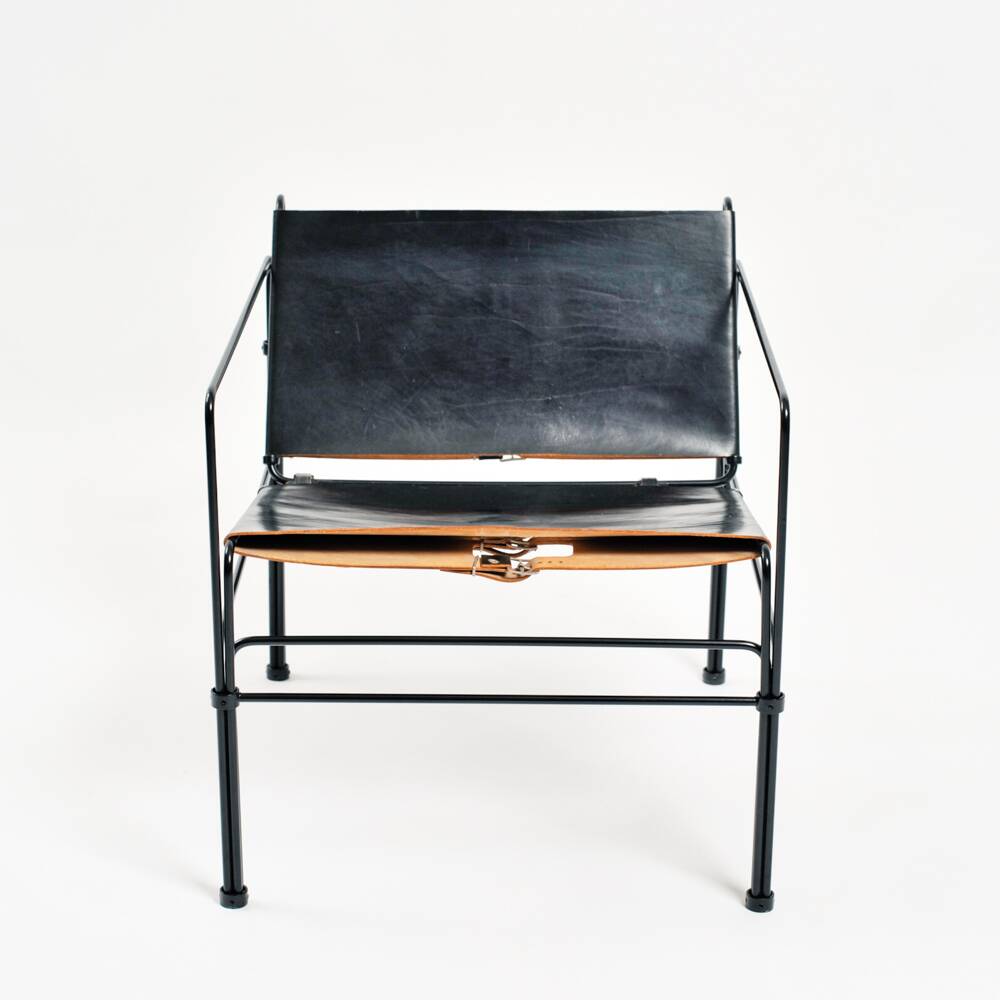 Black modernist design lounge set by Jan van Opzeeland in leather and steel bar, Netherlands, 1980s