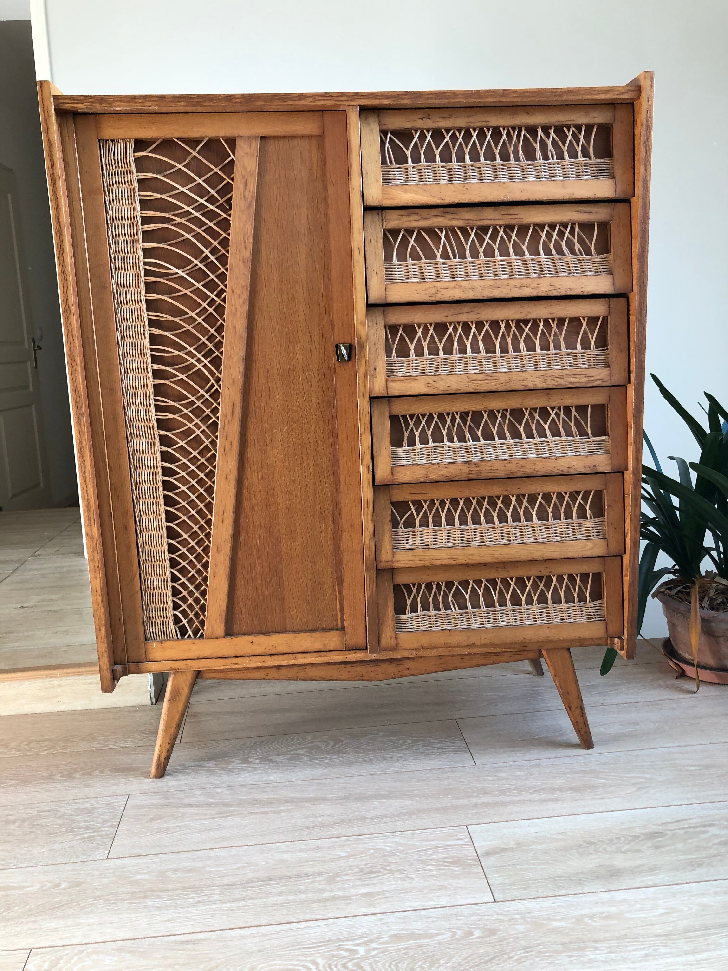 Wood and rattan chest of drawers