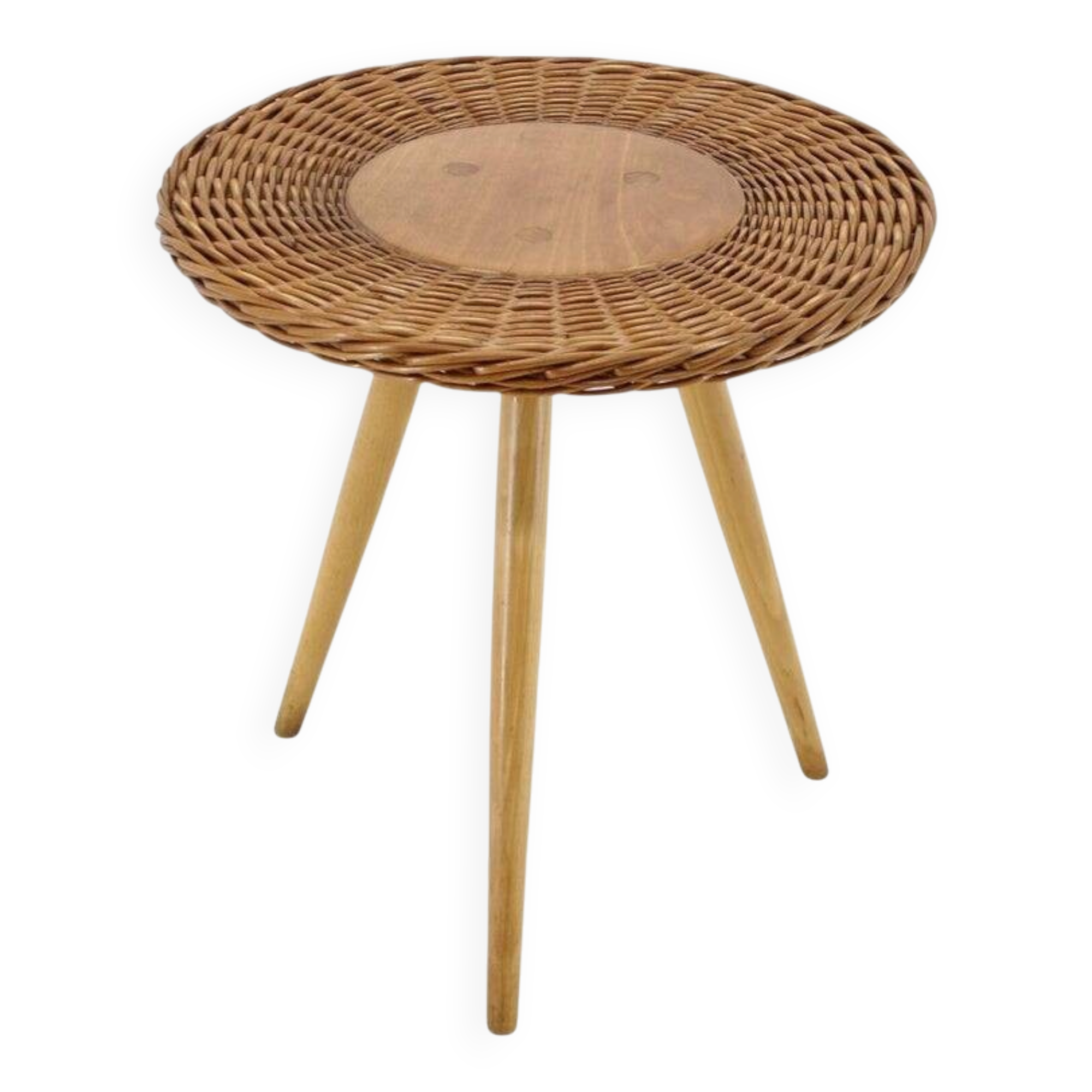 1970s Czech Wicker and Wood Side Table by Jan Kalous for ÚLUV