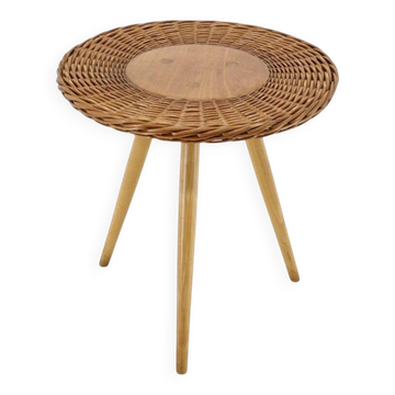 1970s Czech Wicker and Wood Side Table by Jan Kalous for ÚLUV