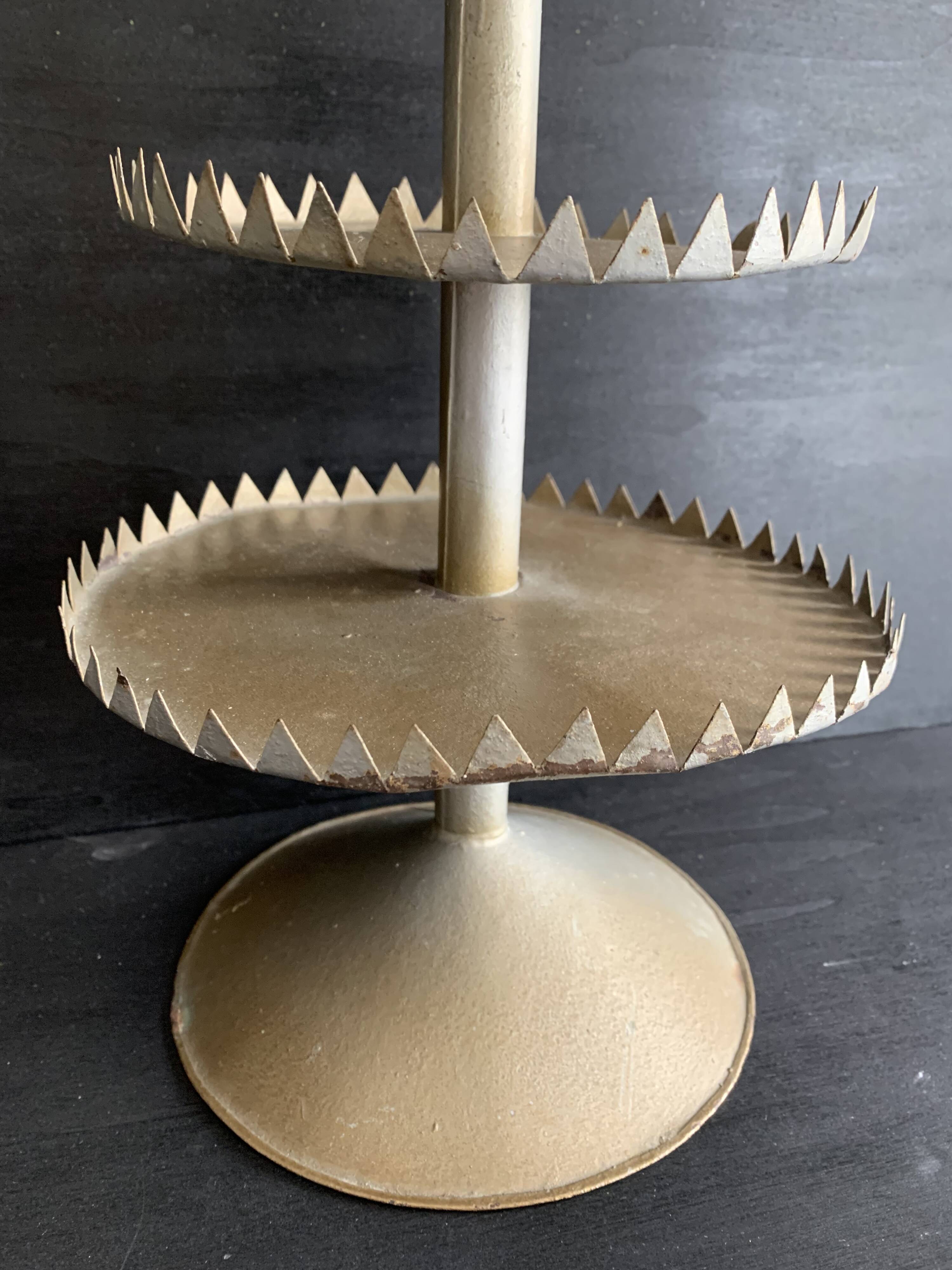 Large handmade sheet metal tiered display stand, 19th century