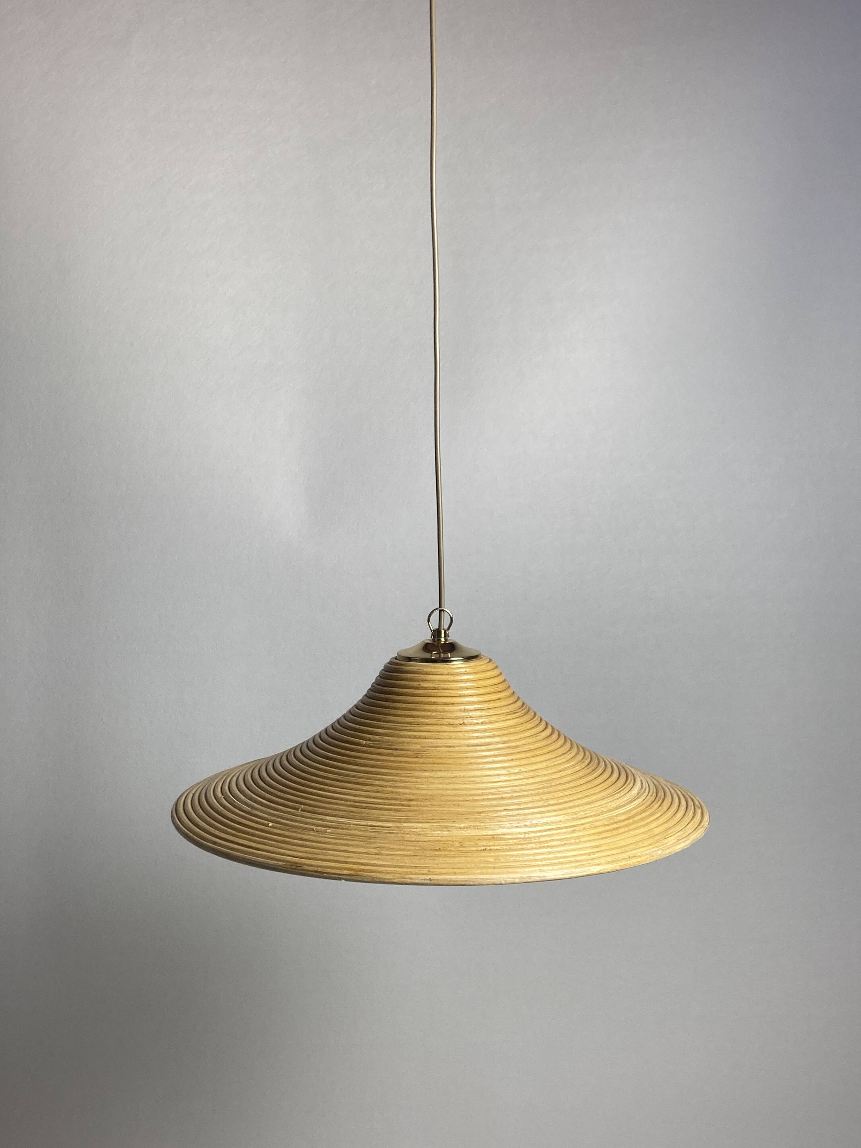Pencil Split Reed, Rattan, Bamboo & Brass Pendant hanging lamp, Italy, 1970s