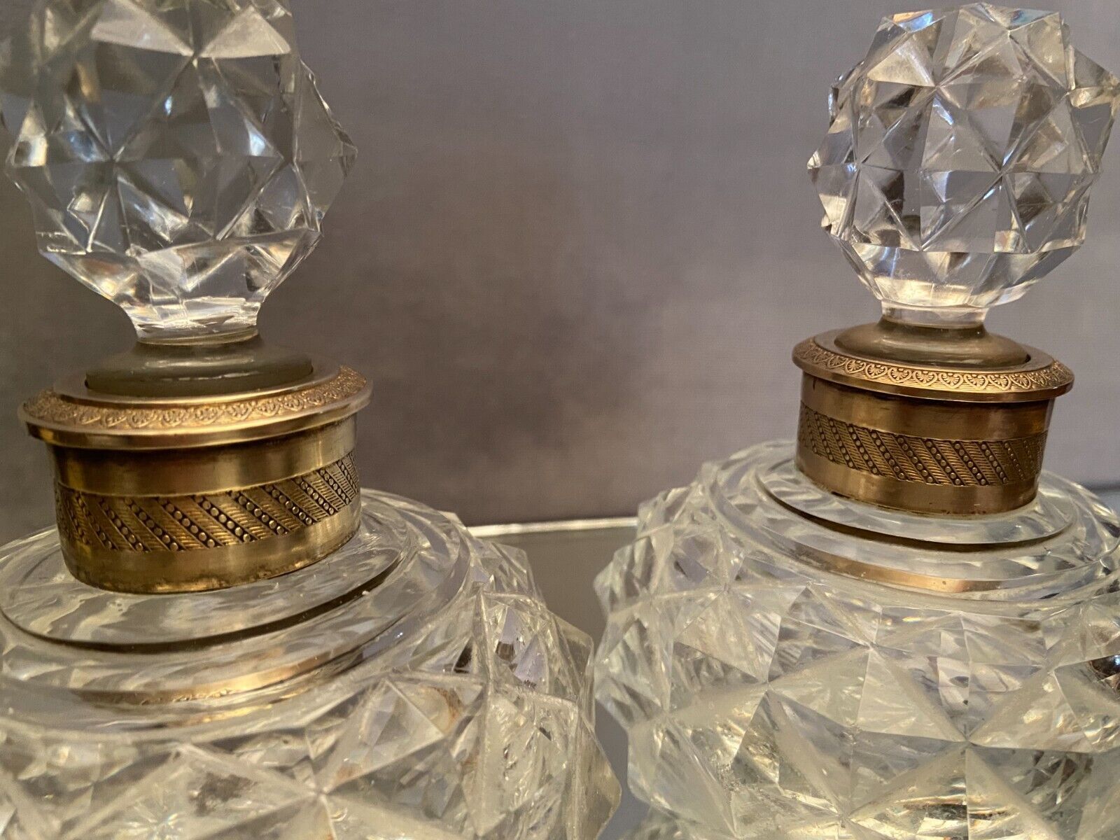 Pair of bottles nineteenth crystal Baccarat decoration diamond points bronze guilloché