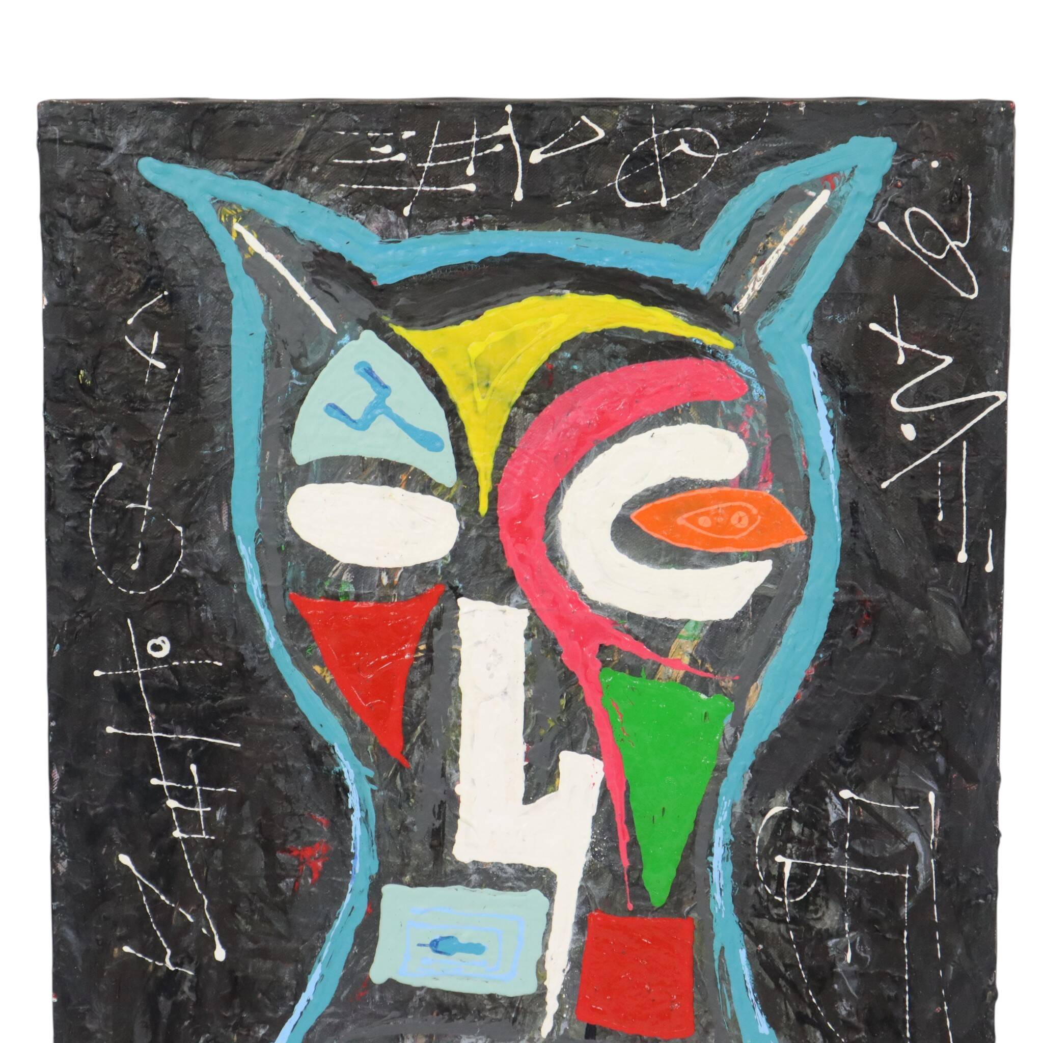 Abstract Owl Painting on Canvas – Contemporary Art – 55 cm