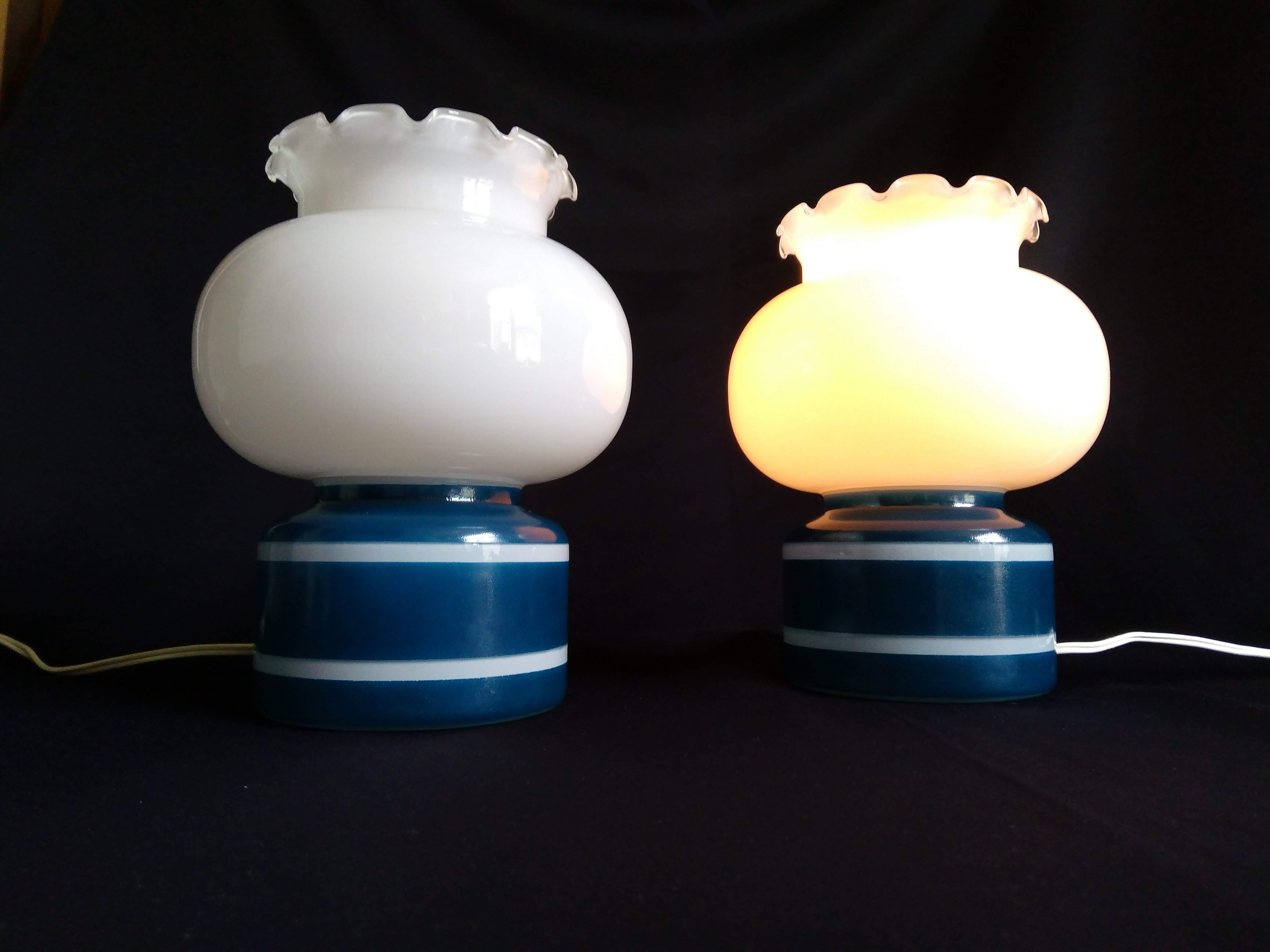 Pair of duck blue and white opaline lamps