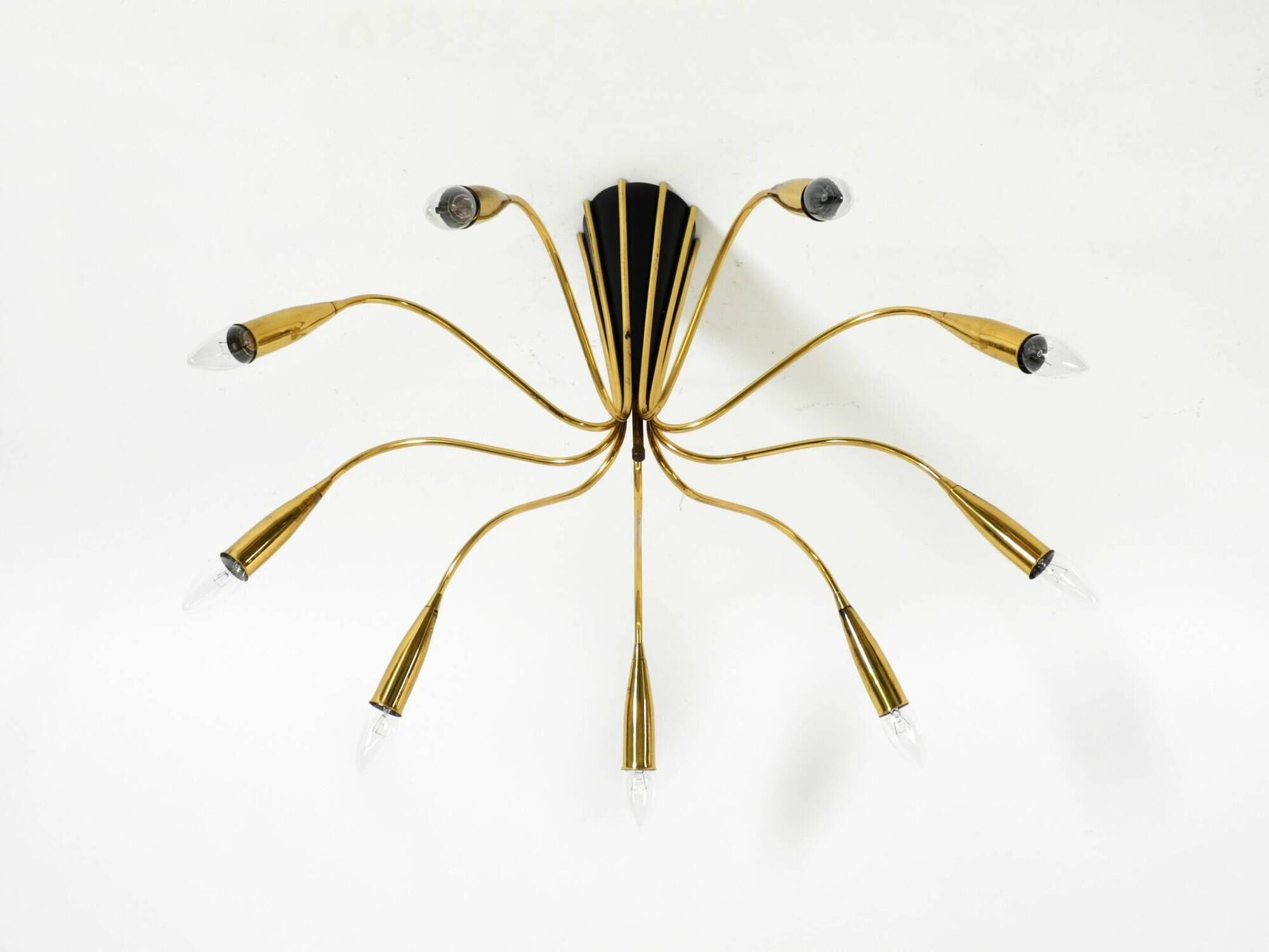 Beautiful large 9-arm Mid-Century Modern brass Sputnik ceiling lamp