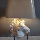 White ceramic horse head lamp beige lampshade and golden interior