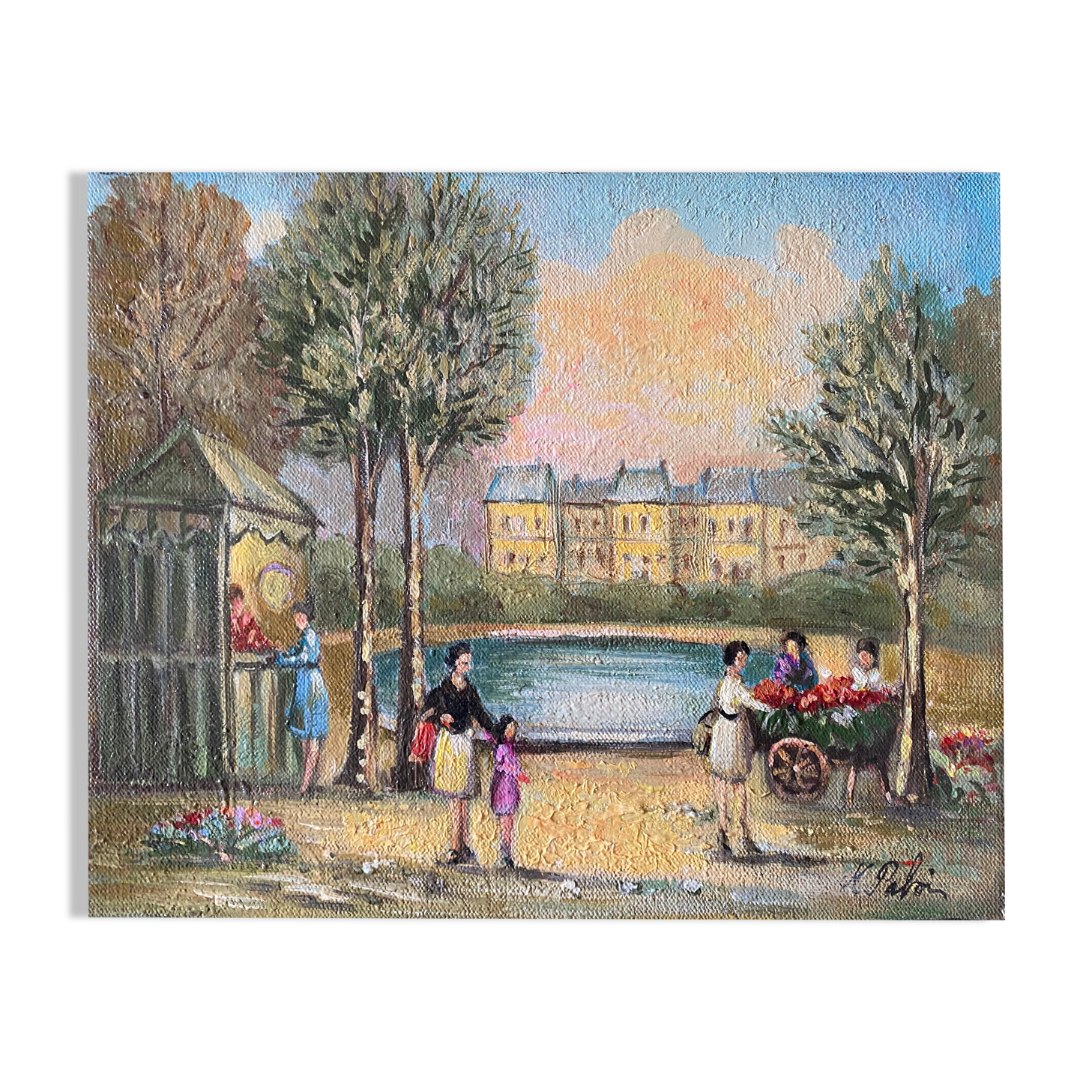 Painting "Jardin du Luxembourg, flower merchant" Michel Pabois born in 1939