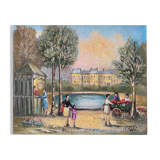 Painting "Jardin du Luxembourg, flower merchant" Michel Pabois born in 1939