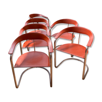 Suite of six leather and chrome armchairs from the 70s/80s