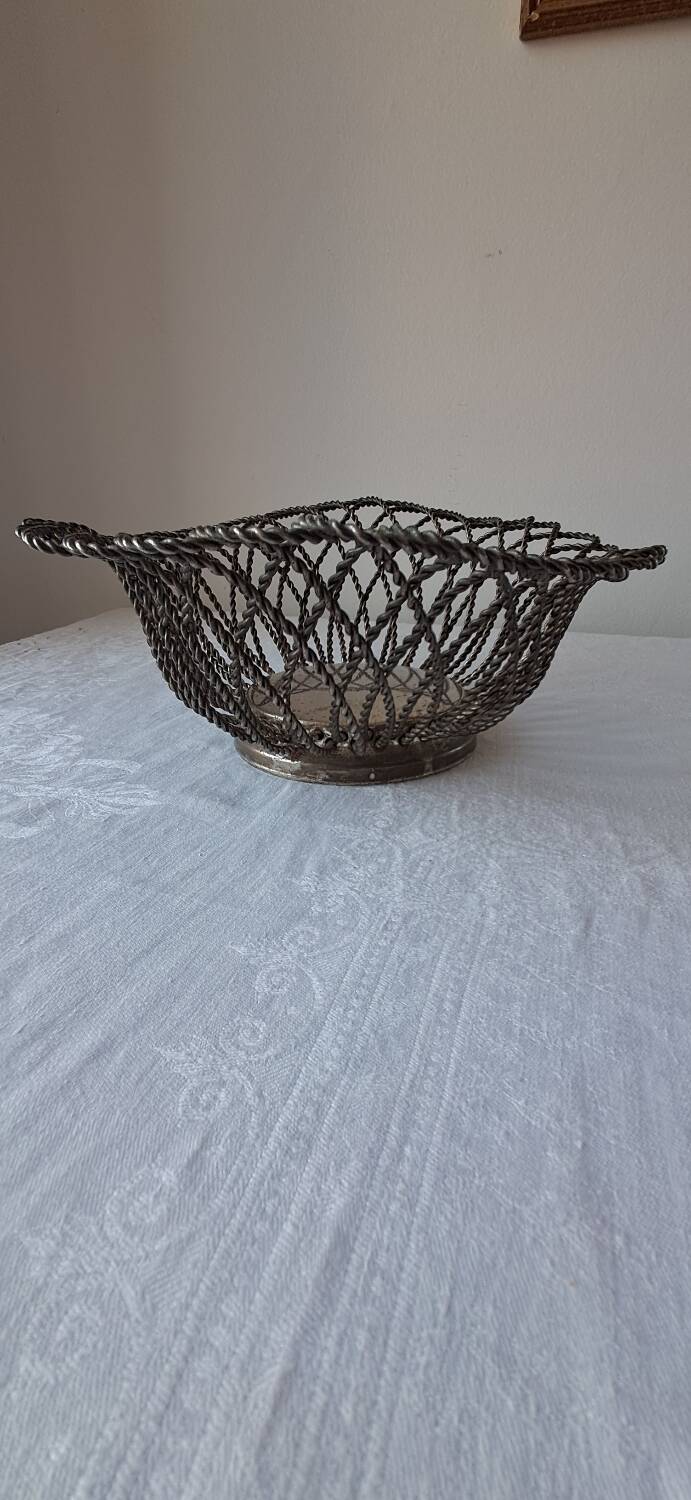 Silver-plated metal braided wire fruit basket, 1950s