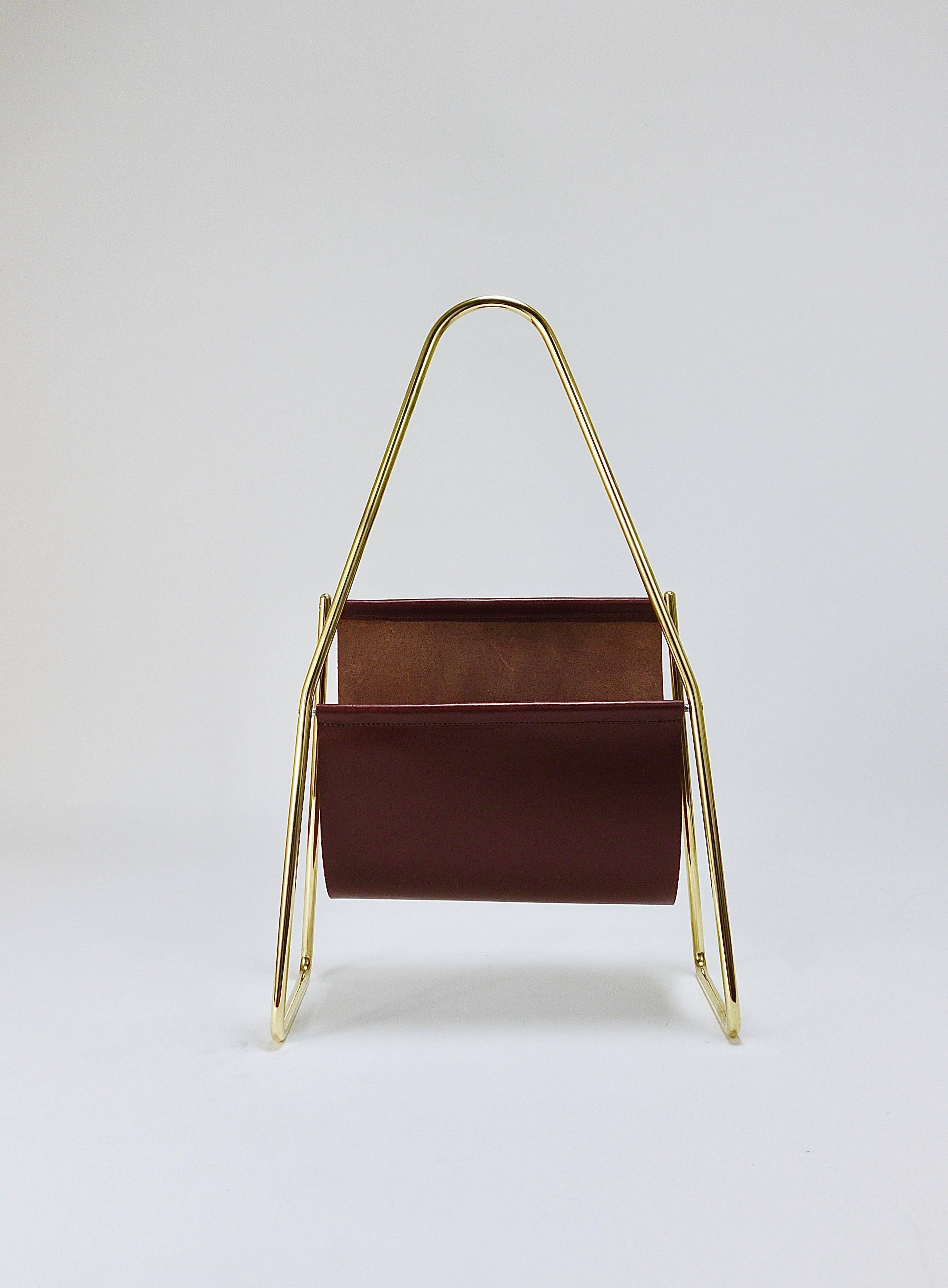 Porte-revues Carl Auböck II Midcentury, laiton et cuir marron, vintage, Autriche