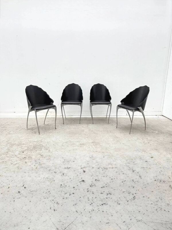 Ensemble de 4 chaises de Bernard Dequet pour Protis France Design en fonte aluminium et cuir, France 1980
