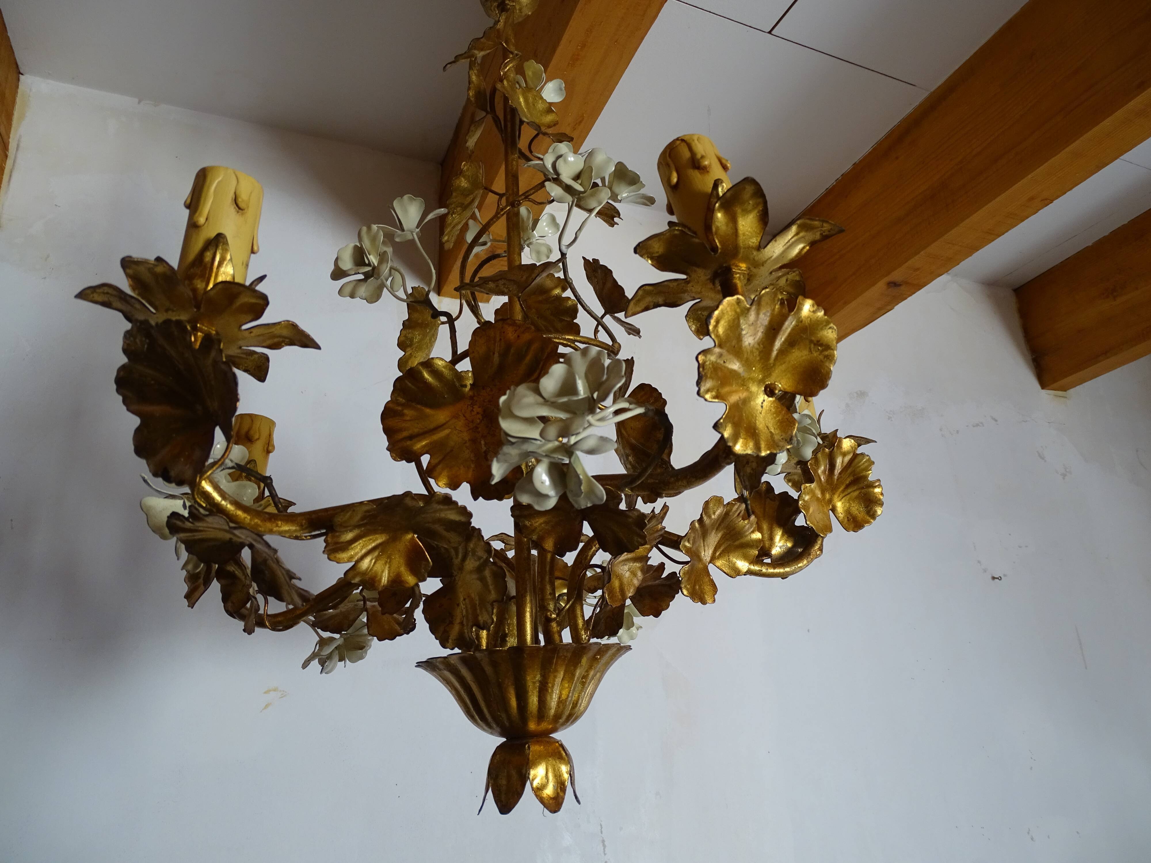 chandelier Hans Kogl gilded and enamelled leaves 1960