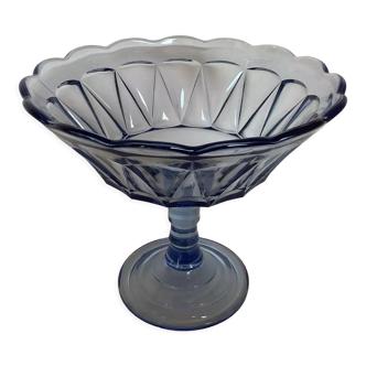 Ancienne coupe à pied verre moulé bleu