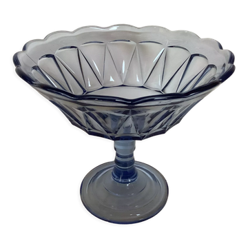 Ancienne coupe à pied verre moulé bleu