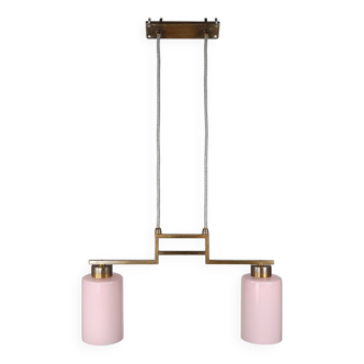 Rare 1920s British Art Deco Cinema Bronze & Pink Glass Pendant Lamp