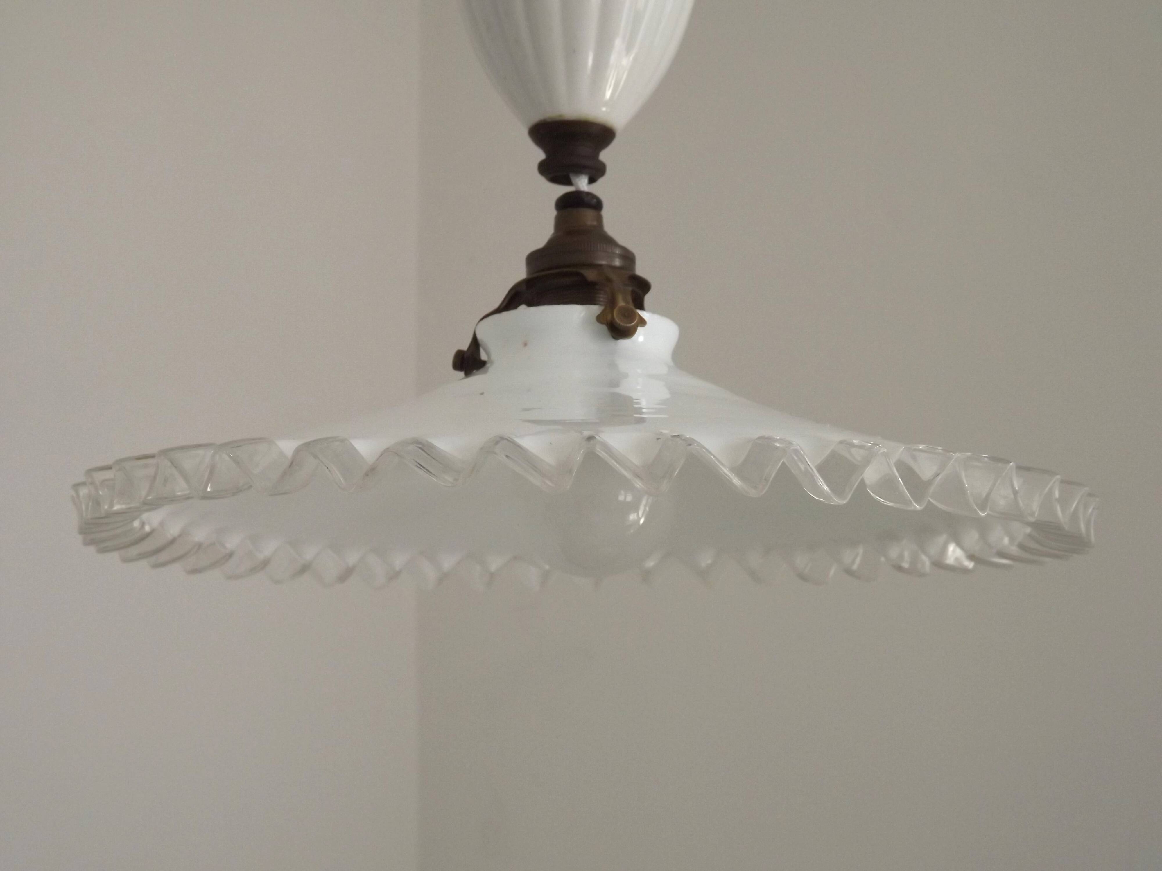 French Counter Balance Ceiling Light White Porcelain & Opaline Glass Shade