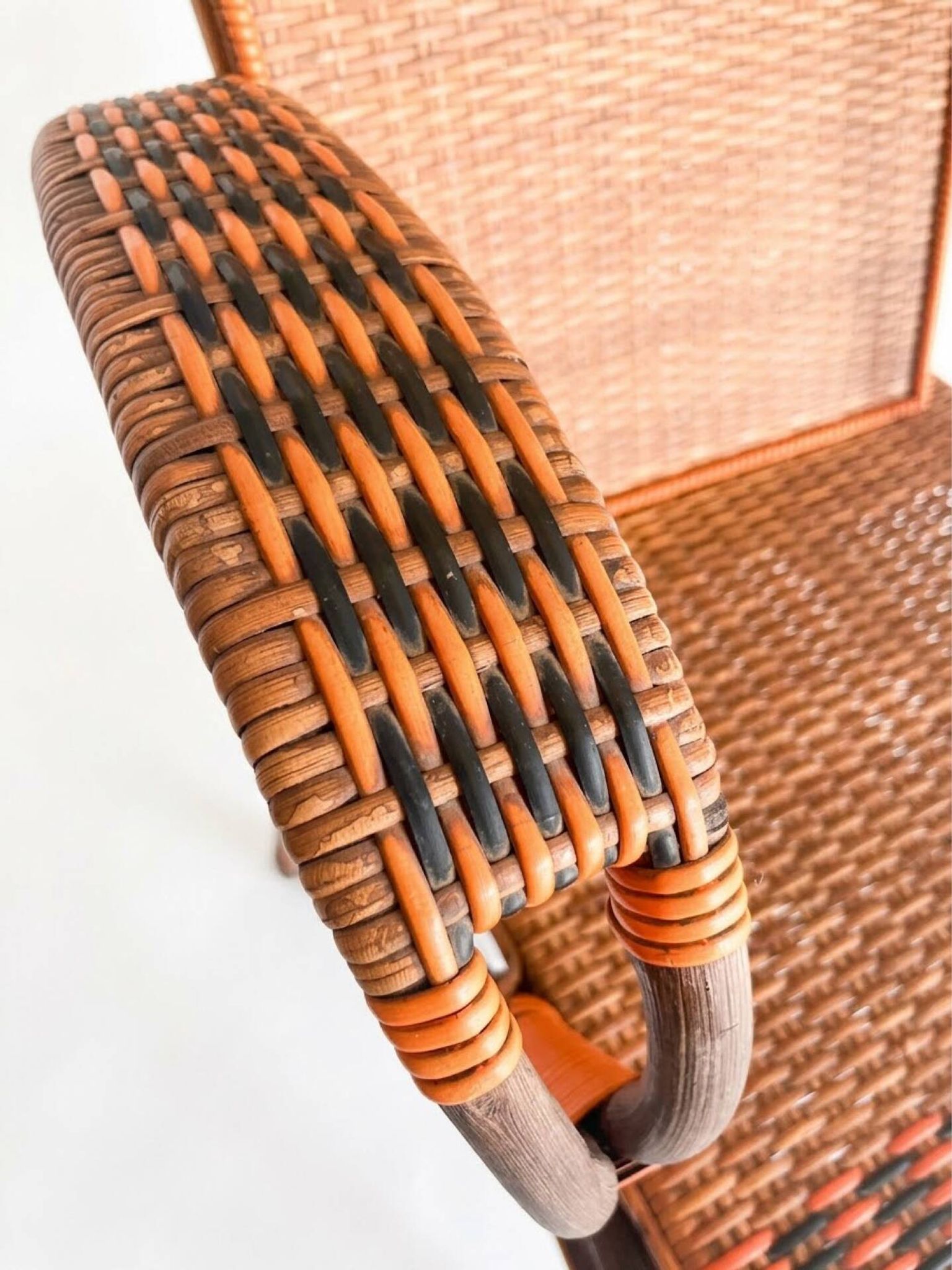 Vintage low armchair in rattan & two-tone weaving 1960s