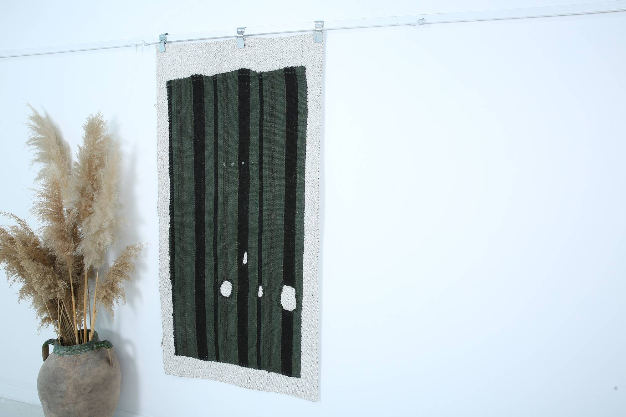 Turkish Green Black Striped Vintage Kilim Rug, 81x163Cm