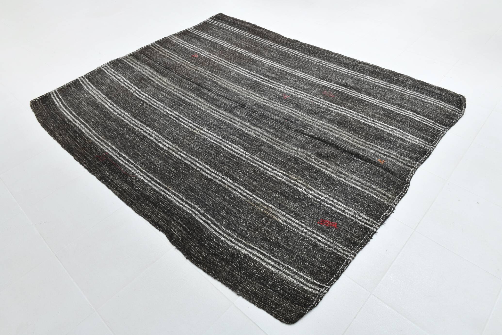 Charcoal Grey Striped Minimal Turkish Kilim Rug, 202x244 Cm