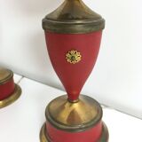 Pair of Red Varnished Metal, Brass and Glass Table Lamps, Italy