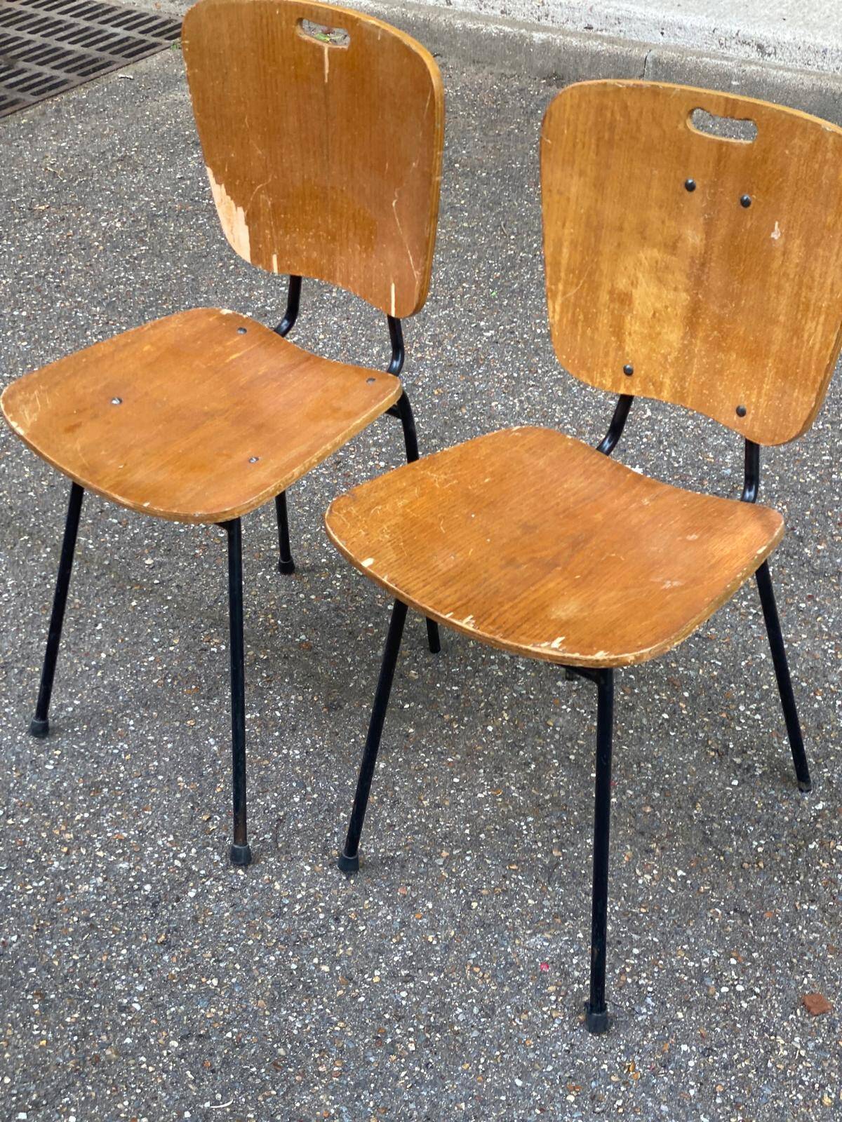 2 workshop chairs in wood and black steel, 1950s