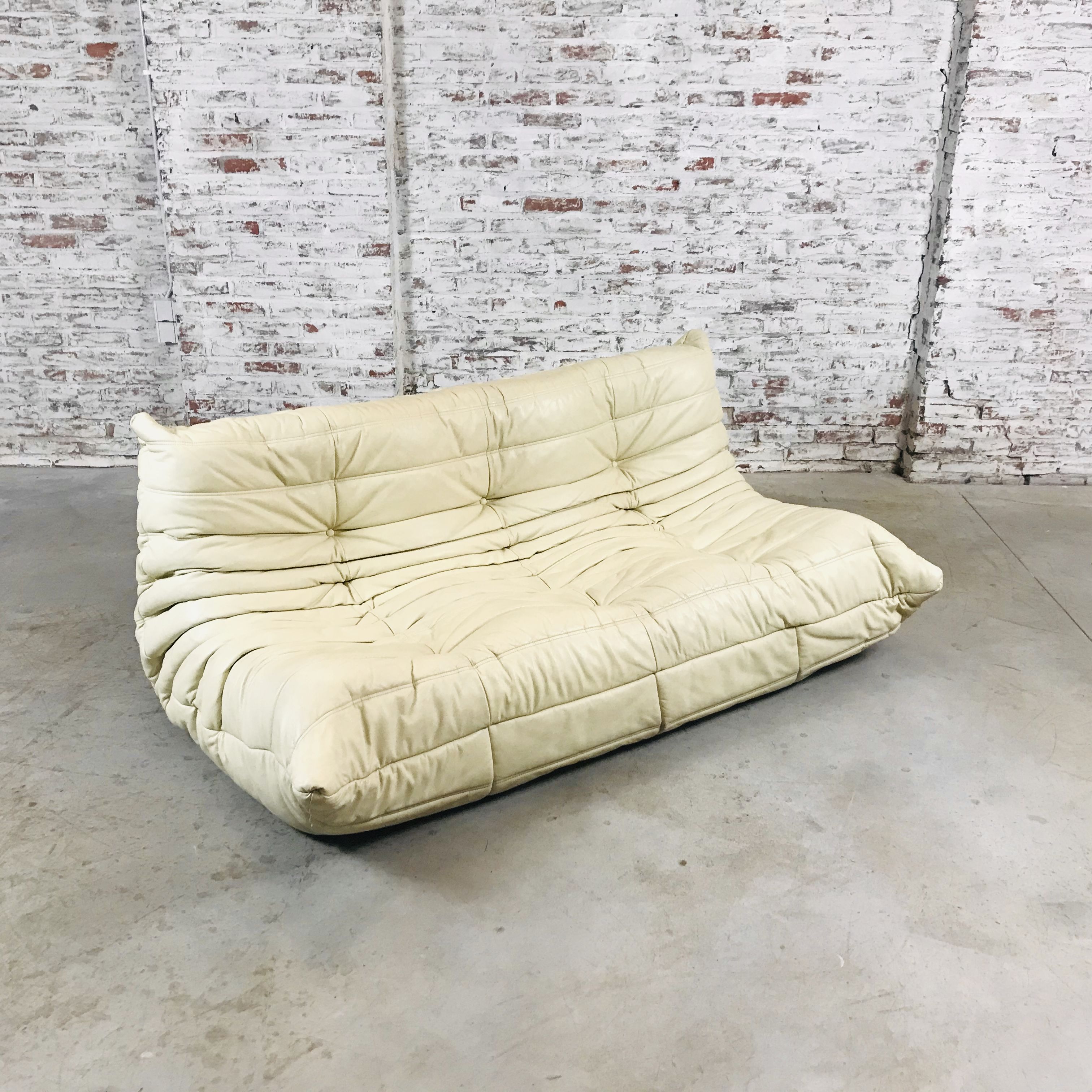 Togo sofa in beige leather by Michel Ducaroy for Ligne Roset, 1986