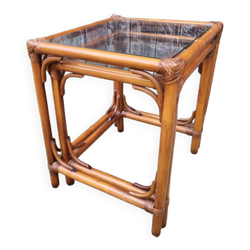 Tables basses gigogne, bambou, rotin et verre, années 70