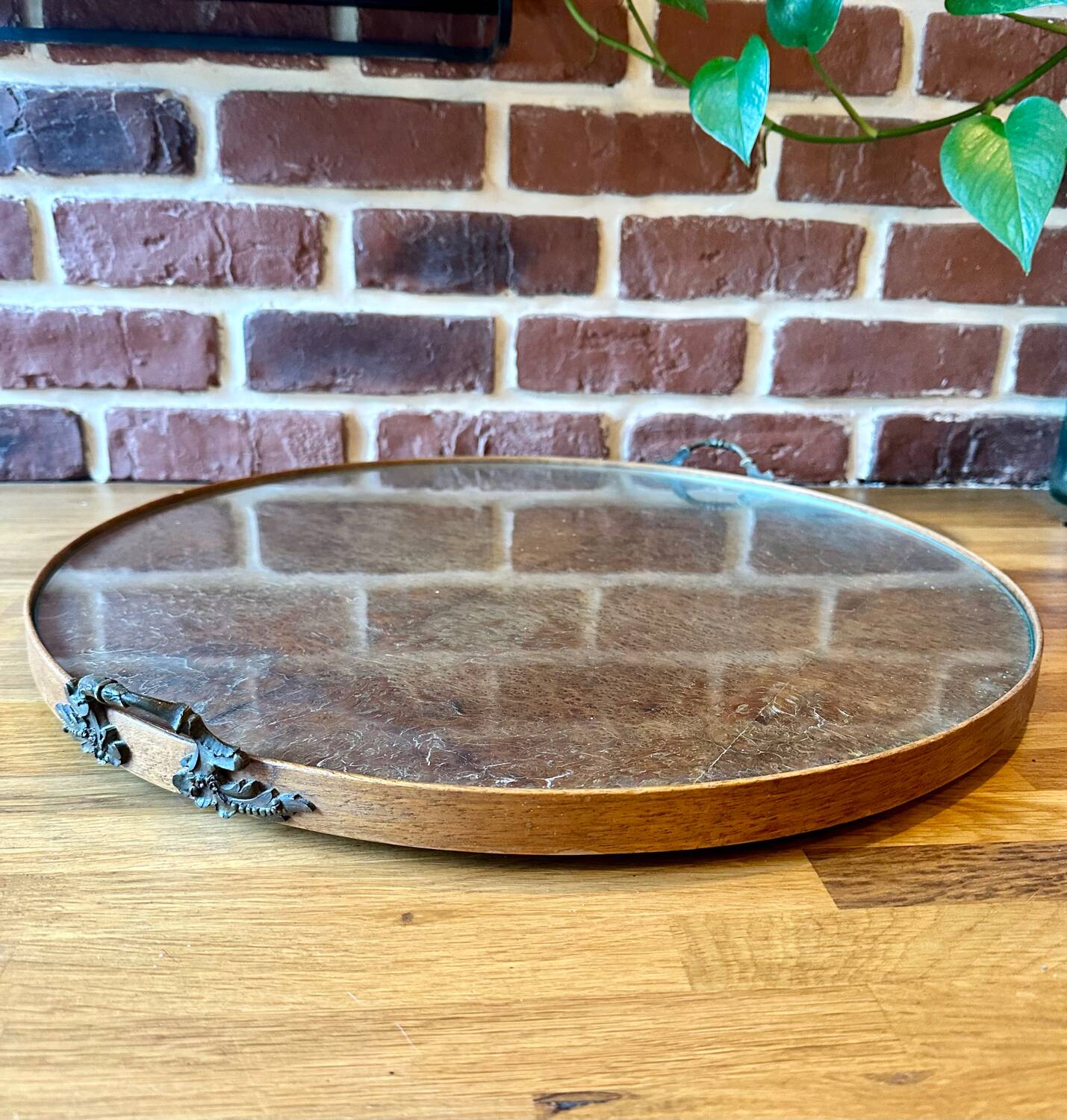 Large old wood glass metal tray