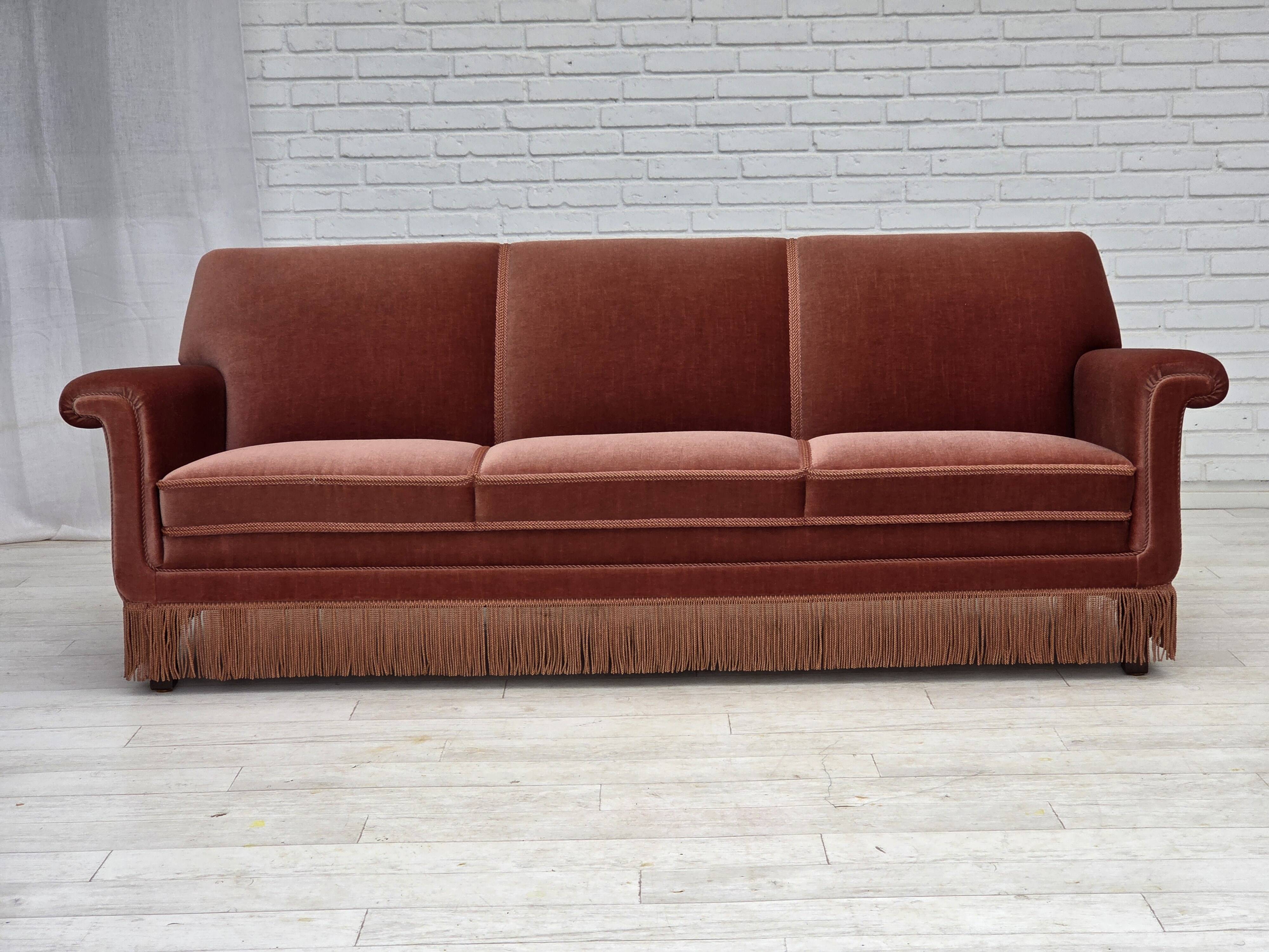 1970s, Danish 3-seater sofa, salmon pink furniture velour, beech wood.