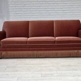 1970s, Danish 3-seater sofa, salmon pink furniture velour, beech wood.