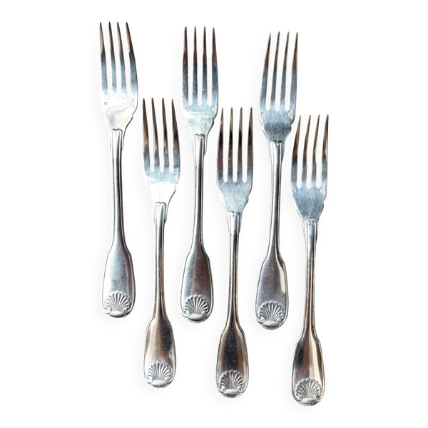 6 fourchettes à poisson Christofle en métal argenté, décor coquille