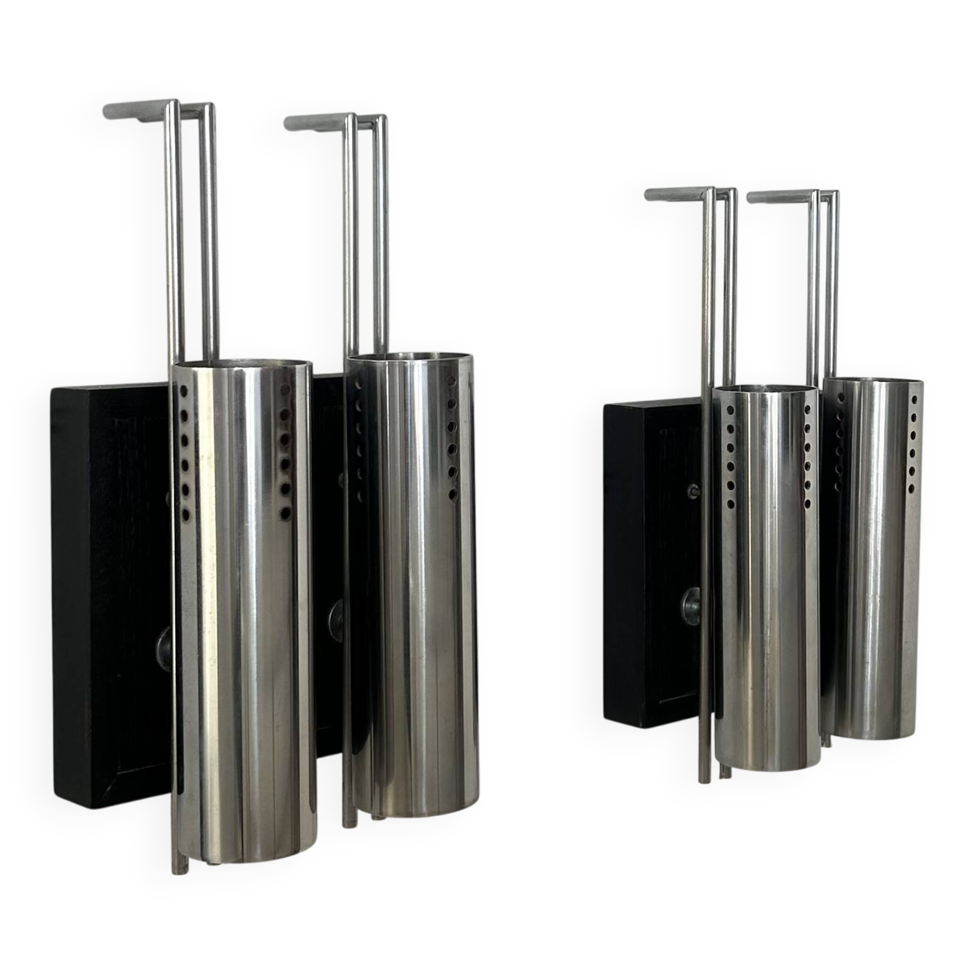 Pair of vintage wall lights, chrome-plated metal and blackened oak, France, 1970