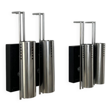 Pair of vintage wall lights, chrome-plated metal and blackened oak, France, 1970