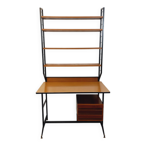 Bureau italien moderniste avec bibliothèque étagère string teck métal — Beyit