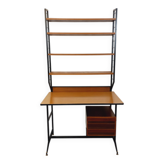 Bureau italien moderniste avec bibliothèque étagère string teck métal