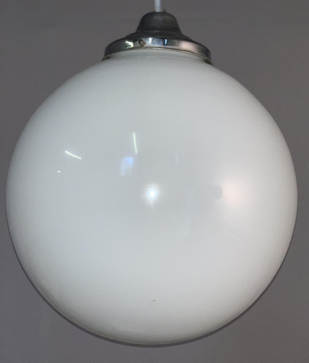 Hanging lamp in chrome, large opal glass globe