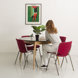 Round table, black lacquered top, solid oak base