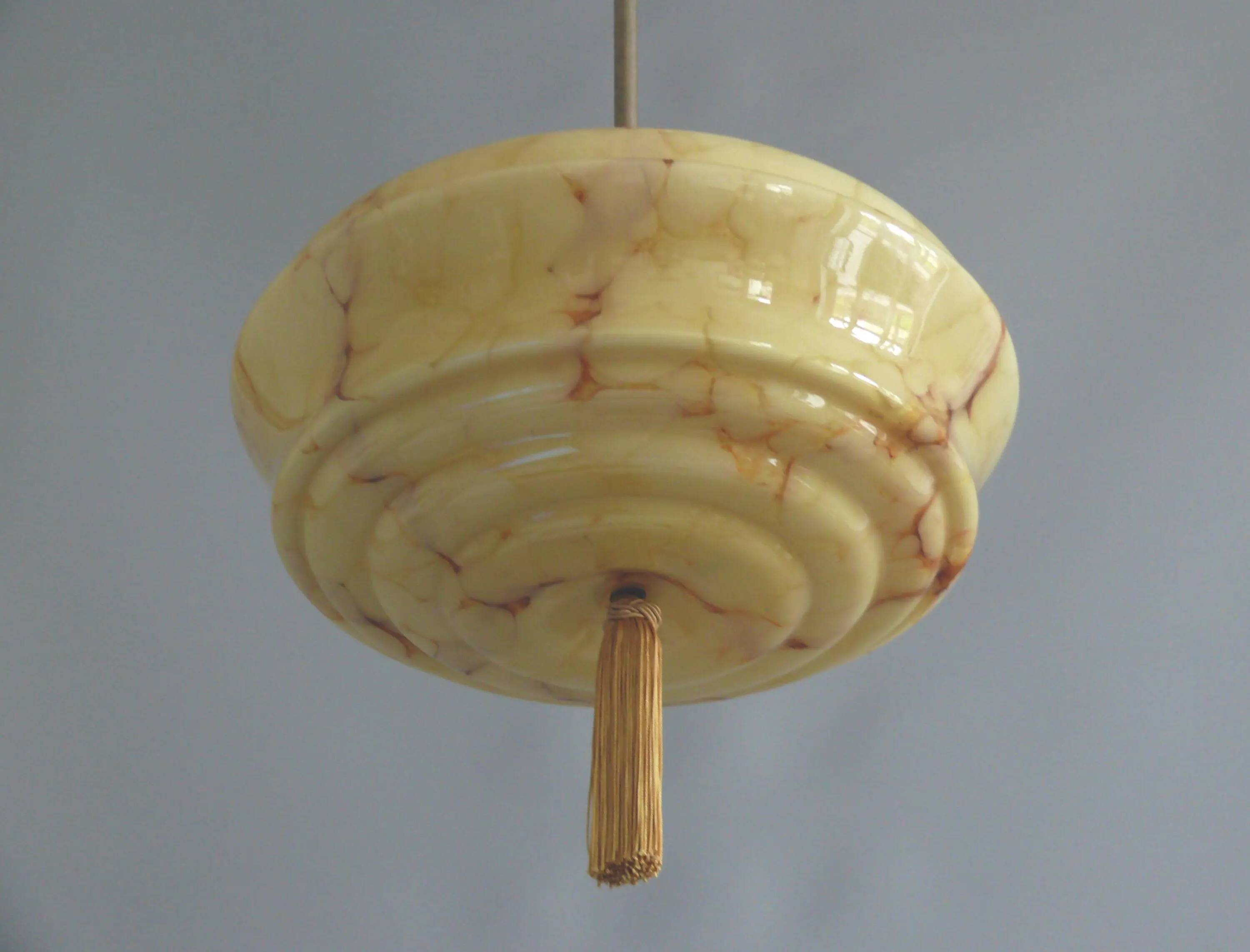 Art Deco rod pendant lamp with marbled glass shade, Germany 1930s