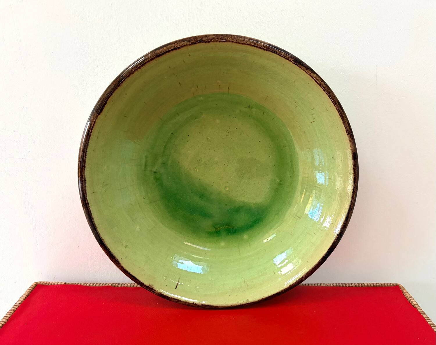 green glazed earthenware dish from the 1950s - Dieulefit