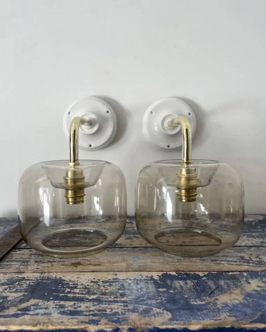 Set of two vintage smoked glass wall lights