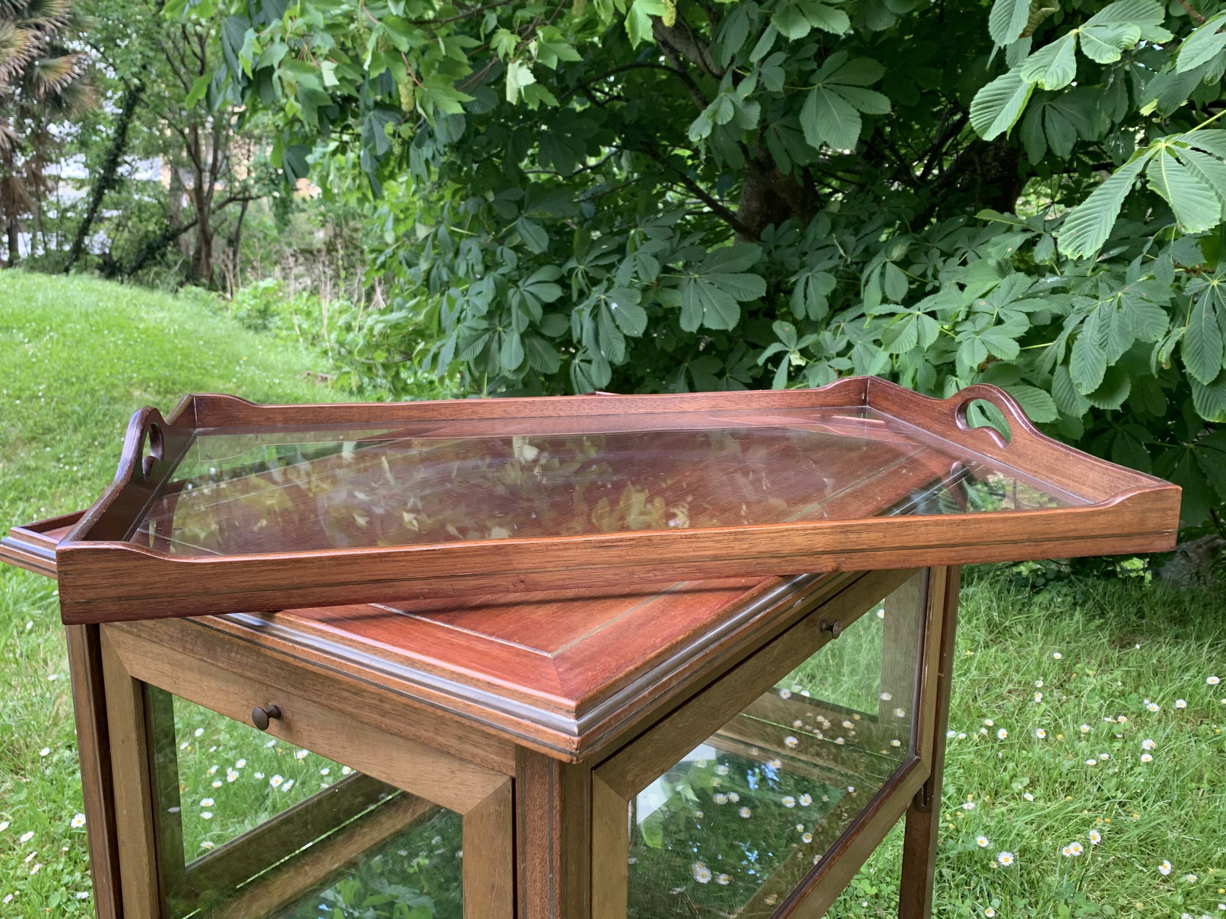 Glass-enclosed old tea table with wooden tray, bronze and brass