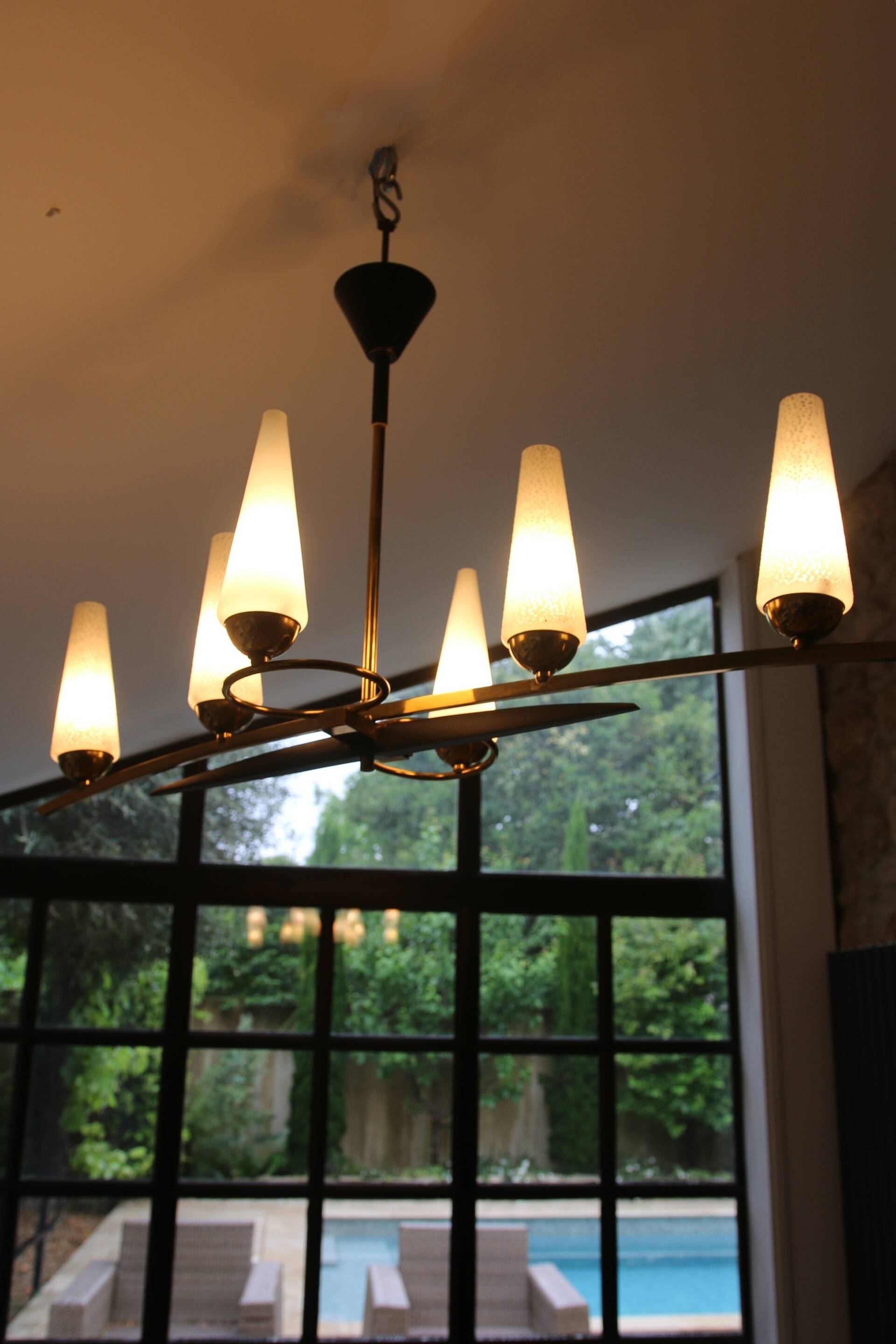 Mid-Century 6-Light Chandelier - Opaline and Brass