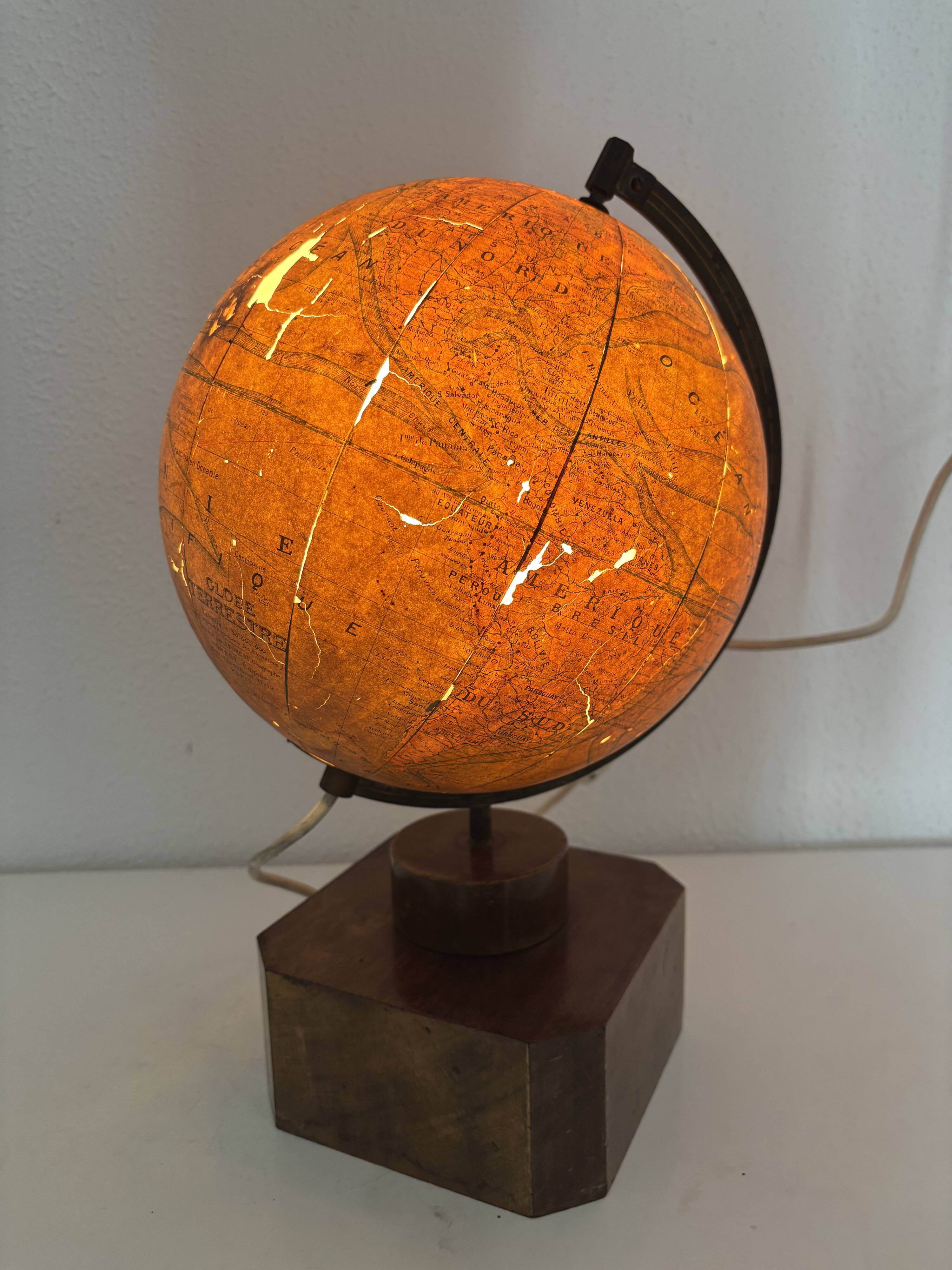 Vintage 1930 globe terrestrial Jacques Adnet world map J. Forest glass wood -